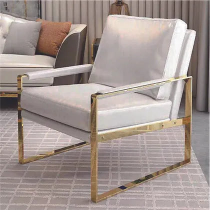 Estructura Sitial MF-86, 85,5 cms Fondo ,73 cms Ancho ,56 cms Alto-Estructura de sofá de estilo moderno y minimalista, diseñada para un asiento individual. La estructura está fabricada con acero inoxidable tubular de acero, y presenta un acabado dorado brillante que le confiere un aspecto lujoso y elegante.-Estructura-La Tapicería