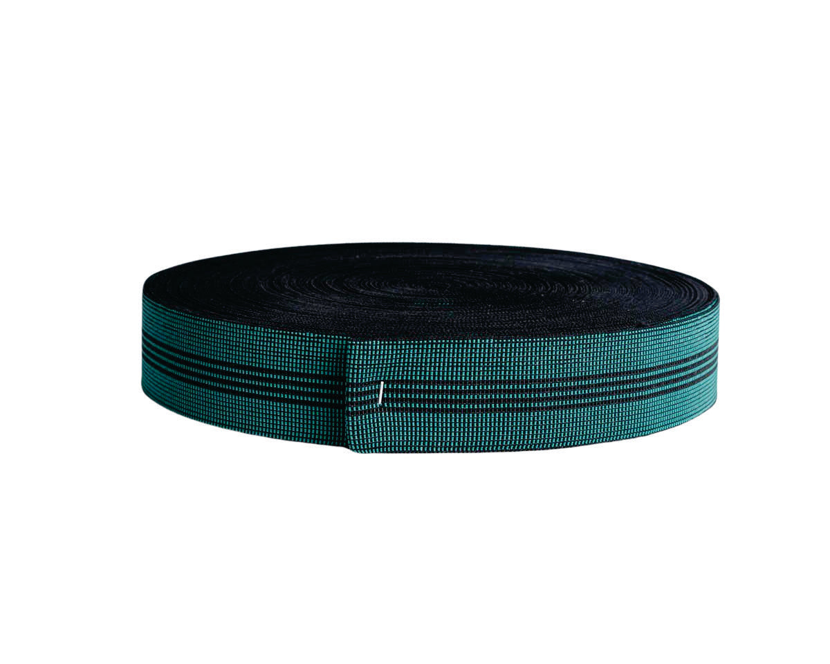 Huincha elasticaT450B, 50 mm. Rollo 50 mts-La huincha elástica tapicera, también conocida como cincha elástica, es un componente esencial en la fabricación y reparación de muebles tapizados. Se trata de una banda tejida con hilos de goma o látex entrelazados con fibras textiles, lo que le confiere una gran elasticidad y resistencia. Su función principal es proporcionar soporte y suspensión a los asientos y respaldos de sofás, sillas, sillones y otros muebles tapizados.-RESORTES-La Tapicería