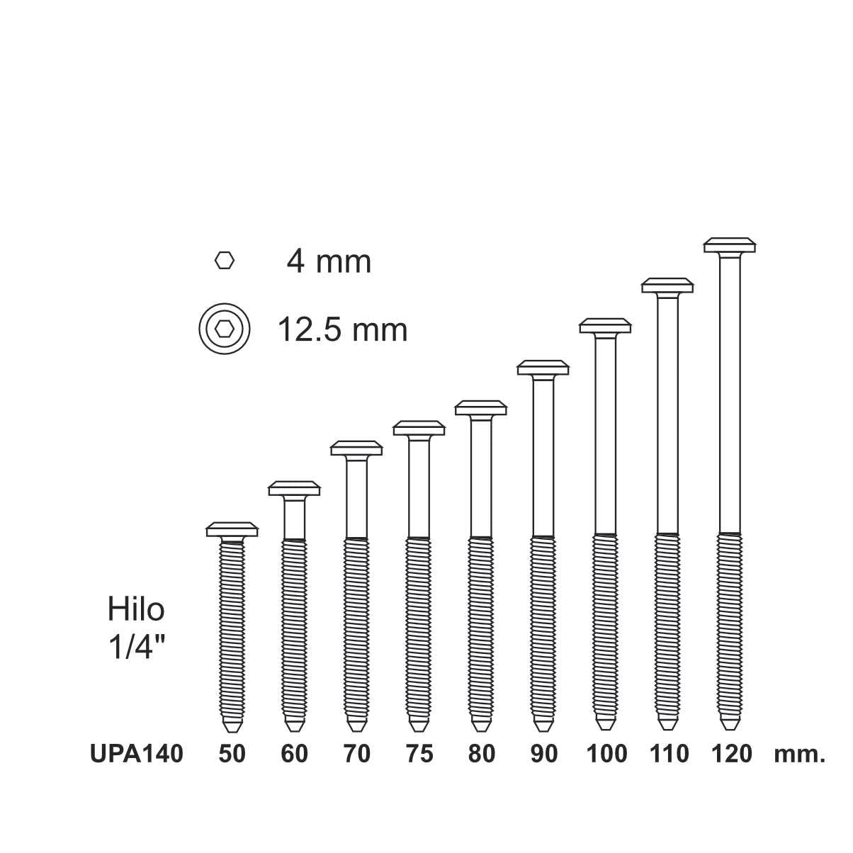 Parafuso allen 1/4" x 120mm, 100 unds
