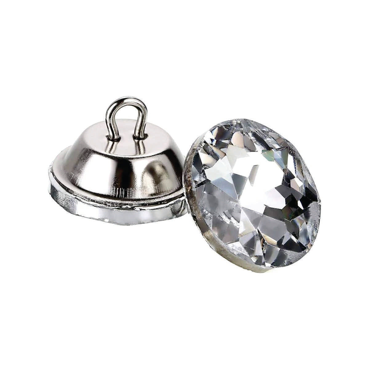 Botón acrílico BTN0620, 20 mm., 50 unds.-BOTONES-Botones de Tapicería de Cristal con Engarce Metálico Eleva la estética de tus muebles tapizados con estos exquisitos botones de cristal. Diseñados para añadir un toque de lujo y sofisticación, estos botones cuentan con un cristal facetado que captura y refleja la luz, creando un efecto brillante y llamativo. Cada botón está engarzado en una base metálica. La parte trasera del botón incorpora un asa metálica, facilitando su fijación en la tapicería y garantiza