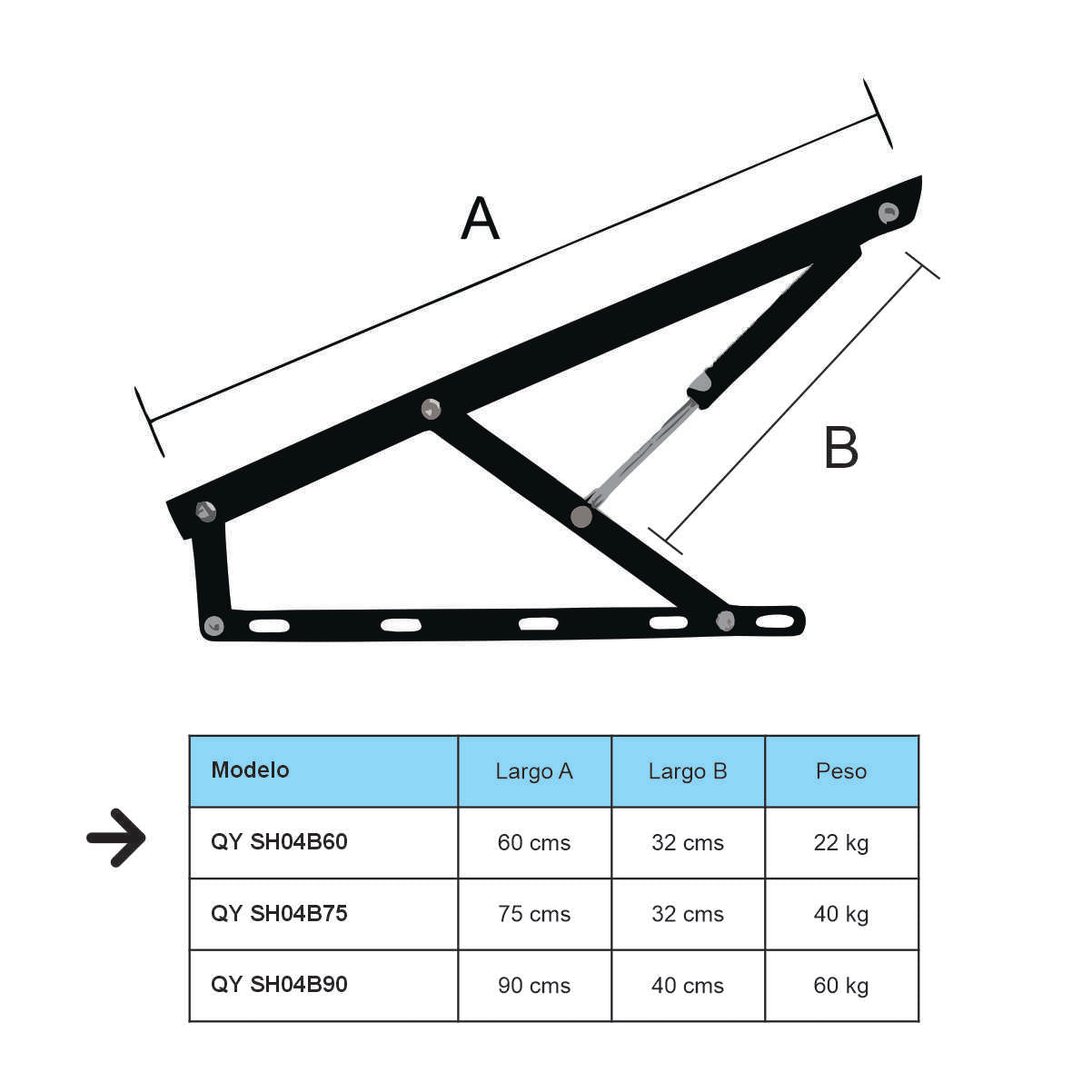 Bisagra cama con cilindro neumático. SH04B 60 cm Par-QY SH04B60-La Tapicería
