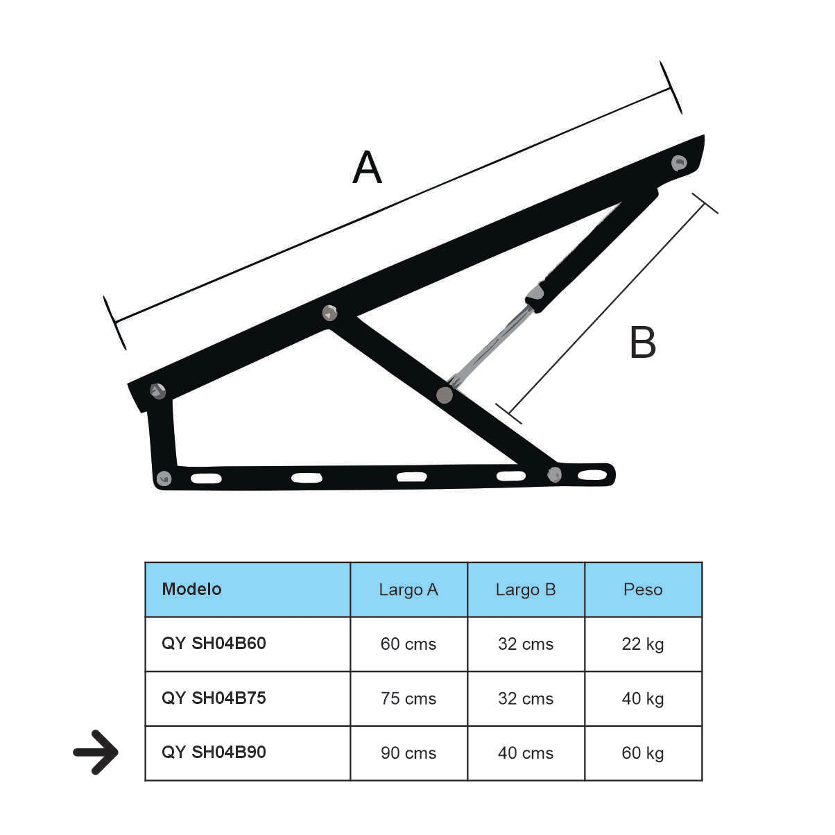 Bisagra cama con cilindro neumático. SH04B 90 cm Par-QY SH04B90-La Tapicería